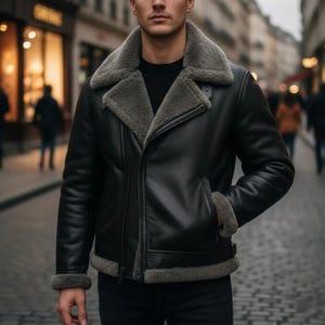 Men's Aviator Shearling B3 Bomber Leather Jacket | Black & Grey Sheepskin Coat