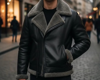 Herren Aviator Shearling B3 Bomber Lederjacke | Schwarz-grauer Schaffellmantel