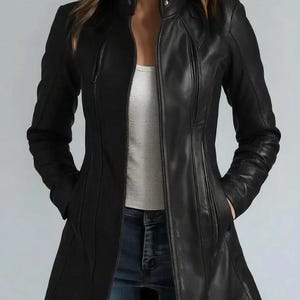 Women's Black Genuine Leather Blazer Long Lapel Jacket