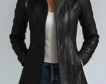 Women's Black Genuine Leather Blazer Long Lapel Jacket