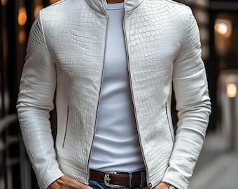 Wit krokodillenbomberjack heren - slim-fit bikerjas imitatie alligator