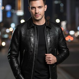 Black Crocodile Embossed Leather Biker Jacket and Men's Alligator Print Moto Coat