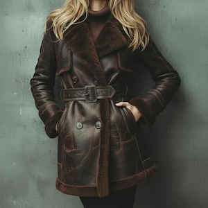 Bruine damesjas van schapenvacht, lange met schapenvacht gevoerde trenchcoat, winterjas met riem
