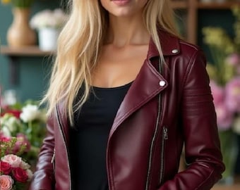 Giacca da motociclista in pelle bordeaux – Stile motociclista slim fit fatto a mano