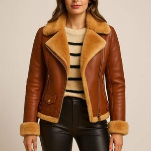 Women Shearling Aviator Jacket, Brown Leather Fur Trim, Winter Flight Coat