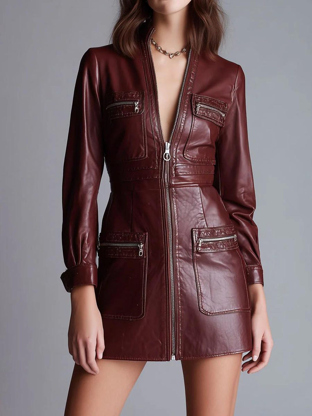 Burgundy Faux Leather Mini Dress, Puff Sleeve Zip-up Bodycon Dress, Wine Red Collared Short Dress