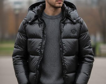 Jaqueta puffer preta masculina | Casaco de inverno brilhante com capuz