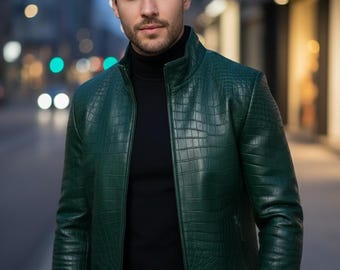 Men's Green Crocodile Embossed Leather Biker Jacket, Exotic Moto Coat