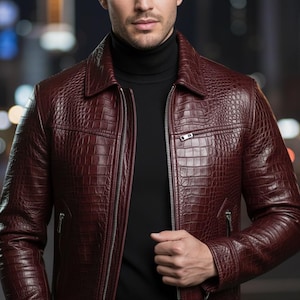 Herren Luxus Red Krokodilprägung Leder Bikerjacke, handgefertigter Moto Coat