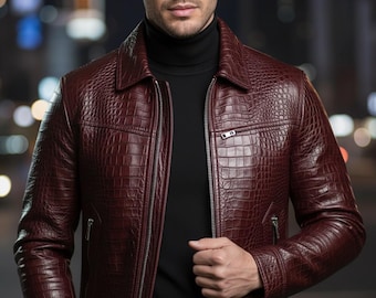 Blouson motard de luxe pour homme en cuir gaufré crocodile rouge, manteau moto fait main
