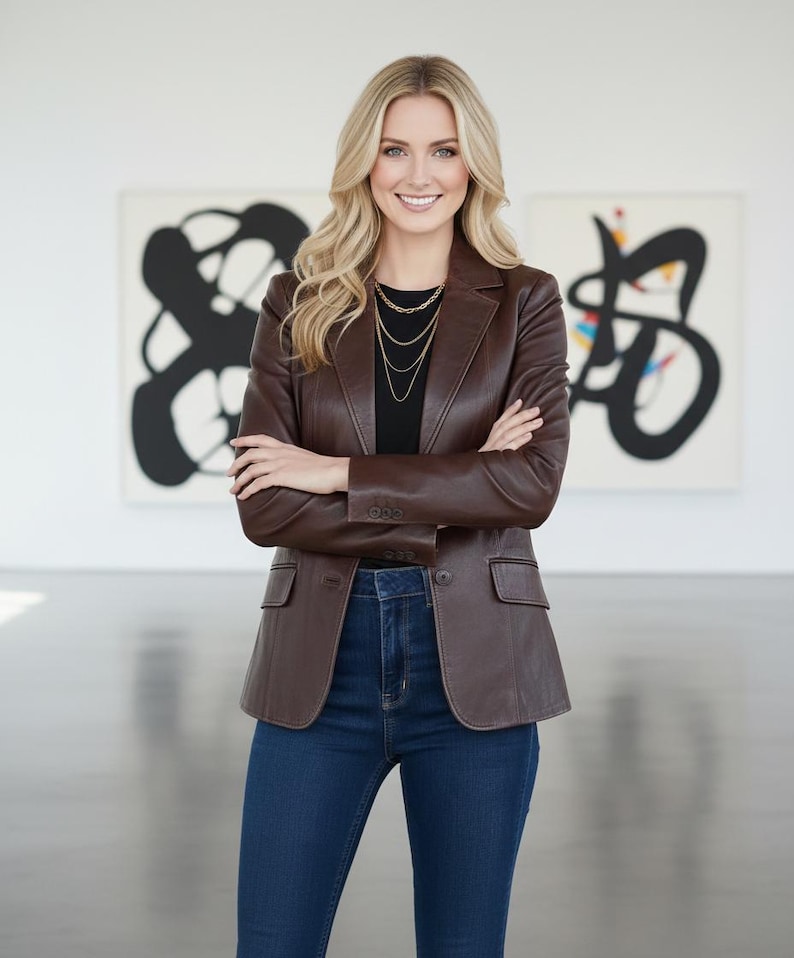 May include: A woman wearing a brown leather blazer, black top, and blue jeans, with layered gold necklaces. The blazer has a classic design with notched lapels and two front pockets. The background features abstract art.