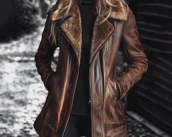 Abrigo de cuero marrón para mujer, chaqueta con cuello de piel para mujer, aspecto de ante vintage