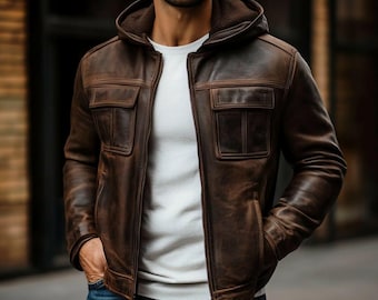 Men's Brown Leather Bomber Jacket with Hood | Vintage Style Zip-Up