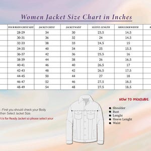 May include: A size chart for women's jackets, displaying measurements in inches. The chart includes sizes from XXS to 6XL, with corresponding body chest, jacket chest, waist, sleeve length, shoulder width, and body length measurements. Instructions on how to measure are also included.