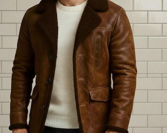 Herren Brown Shearling Lederjacke Pelz Winter Warmer Schaffellmantel Vintage Style