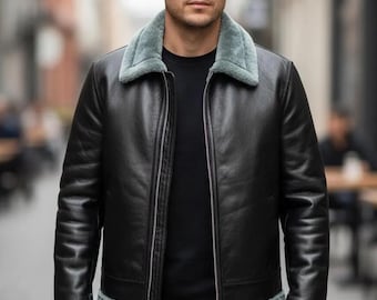 Men’s Black Leather Aviator Jacket - Green Shearling Trim Bomber B3 Flight Jacket