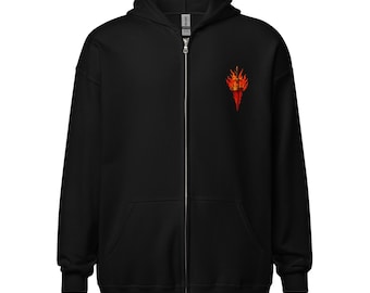 May include: Black zip-up hoodie with a hood and front pockets. A red and orange flame design is embroidered on the left chest. The hoodie has a full zipper and a soft, comfortable appearance.