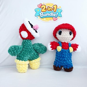 Retro Gaming Crochet Pattern Bundle, Piranha Plant & Plumber Amigurumi Doll PDF, soft plush toy gamer inspired tutorial DIY
