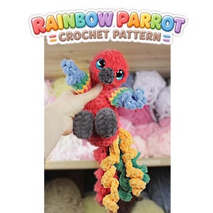 May include: A plush crochet parrot toy featuring a red head and body, dark gray beak and feet, and wings with blue, green, and yellow yarn. The tail consists of long, curly strands in red, yellow, and green. The text RAINBOW PARROT CROCHET PATTERN is visible.