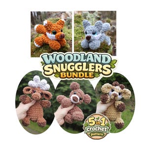 May include: A Woodland Snugglers Bundle 5 in 1 crochet pattern featuring five plush stuffed animals: a rust-colored fox, a gray wolf, a brown moose with white antlers, a brown bear, and a tan deer with brown spots, all made from soft yarn.