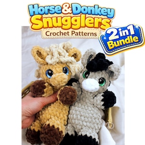May include: Two handmade crochet soft toys, a horse and a donkey, in shades of tan, brown, and grey. The horse has a cream-coloured mane, and the donkey has a black mane. The text "Horse & Donkey Snugglers Crochet Patterns" is at the top.