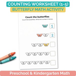 Pode incluir: Uma folha de trabalho de contagem para crianças em idade pré-escolar com ilustrações de borboletas. A folha de trabalho inclui o texto "COUNTING WORKSHEET (1-5)" e "BUTTERFLY MATH ACTIVITY". Existem caixas para escrever números. Dois lápis de cor são visíveis.