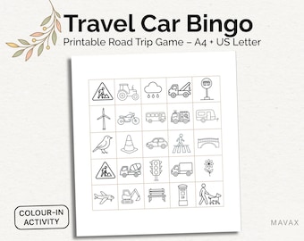 Bingo de viajes en coche: Juego imprimible de viaje por carretera para niños (A4 + Carta EE. UU.)