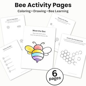 Puede incluir: Seis páginas de actividades con temática de abejas, para colorear, dibujar y aprender. Las páginas presentan ilustraciones de abejas, flores y panales. El texto incluye "Bee Activity Pages" y "Coloring, Drawing, Bee Learning."