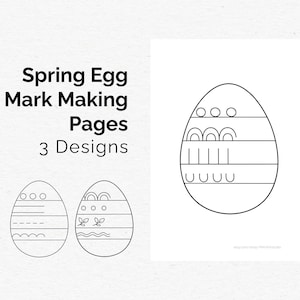 May include: Black and white illustration of three Easter egg designs. The text "Spring Egg Mark Making Pages 3 Designs" is at the top. Each egg has a different pattern, including lines, circles, and arches.
