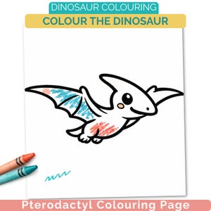 May include: A white Pterodactyl coloring page with blue and red crayon markings on the wings. The page has the text "DINOSAUR COLOURING" and "COLOUR THE DINOSAUR" at the top, and "Pterodactyl Colouring Page" at the bottom. Two crayons are visible.