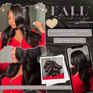 Può includere: Una pubblicità per prenotazioni di capelli autunnali. L'immagine presenta una donna con lunghi capelli scuri e ondulati. Il testo include "Prenotazioni autunnali", "Quickweave hair incluso fino a 66 cm" e "Capelli di alta qualità".