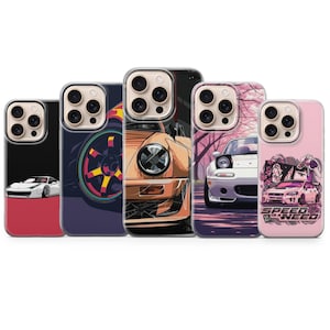 May include: A collection of five phone cases featuring car-themed designs. The cases showcase various car illustrations in different styles, including a white sports car, a car wheel, and a car with the text "SPEED IS A NEED". The cases have a clear border.