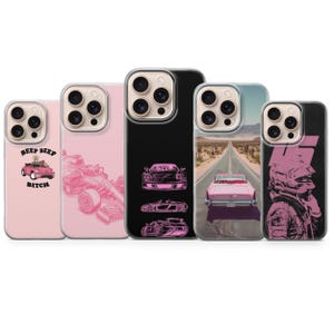 May include: A collection of five phone cases with various designs. The cases feature images of cars, a race car, a desert highway, and a helmeted figure. One case has the text "Beep Beep Bitch" with a car graphic. The cases are in shades of pink, black, and blue.