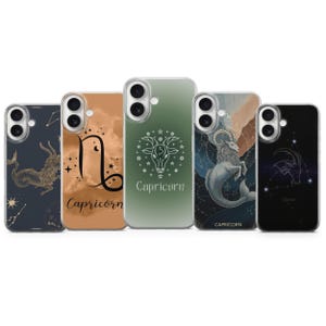 May include: Five phone cases with Capricorn zodiac designs. The cases feature various colours and illustrations, including a goat, constellation, and text. The cases are designed to fit a smartphone.