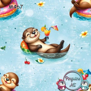 Könnte beinhalten: Eine skurrile Illustration zeigt einen Cartoon-Otter, der sich im Wasser entspannt, auf einer Wassermelonen-Scheibe schwimmt und einen Cocktail hält. Der Otter lächelt, mit einem Cocktail-Schirmchen und einer Orangenscheibe. Der Hintergrund ist ein hellblaues Wassermuster mit Blumen und dem Text "M467".