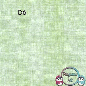 Peut inclure: Tissu vert clair avec un motif de tissage texturé. Le texte "D6" est en haut à gauche. Le coin inférieur droit présente un logo circulaire avec "Pinguine Art" et des illustrations de pingouins.