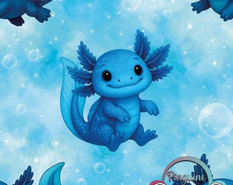 M766 Exclusieve kinderstof: schattige axolotlstof – lief ontwerp met waterdiertje in blauw – per meter verkrijgbaar in 13 verschillende stofsoorten