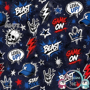 Op de afbeelding: Een marineblauw stofpatroon met witte, rode en blauwe graphics. Het ontwerp bevat de woorden "BEAST", "GAME ON", "LEVEL UP!" en "STAY COOL". Andere elementen zijn sterren, bliksemschichten, een schedel en een handgebaar.
