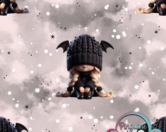 May include: Seamless pattern featuring a cartoon doll with blonde braids wearing a black knit hat with bat wings. The doll is dressed in black clothing. The background is a light pink with white dots and gray clouds. The text "M823" is in the upper left corner.
