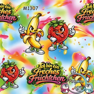 M1307 Exklusiver Kinderstoff Freches Früchtchen – Stoff mit Spruch – Lustiger Obst Stoff –Kawaii Früchte –Meterware in 13 Stoffarten wählbar