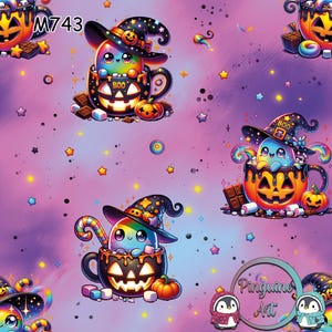 May include: A repeating pattern featuring cartoon characters in witch hats inside jack-o'-lantern mugs. The characters are rainbow-colored with the word "BOO" on the mugs. The background is a gradient of purple and pink with stars and other Halloween-themed elements.