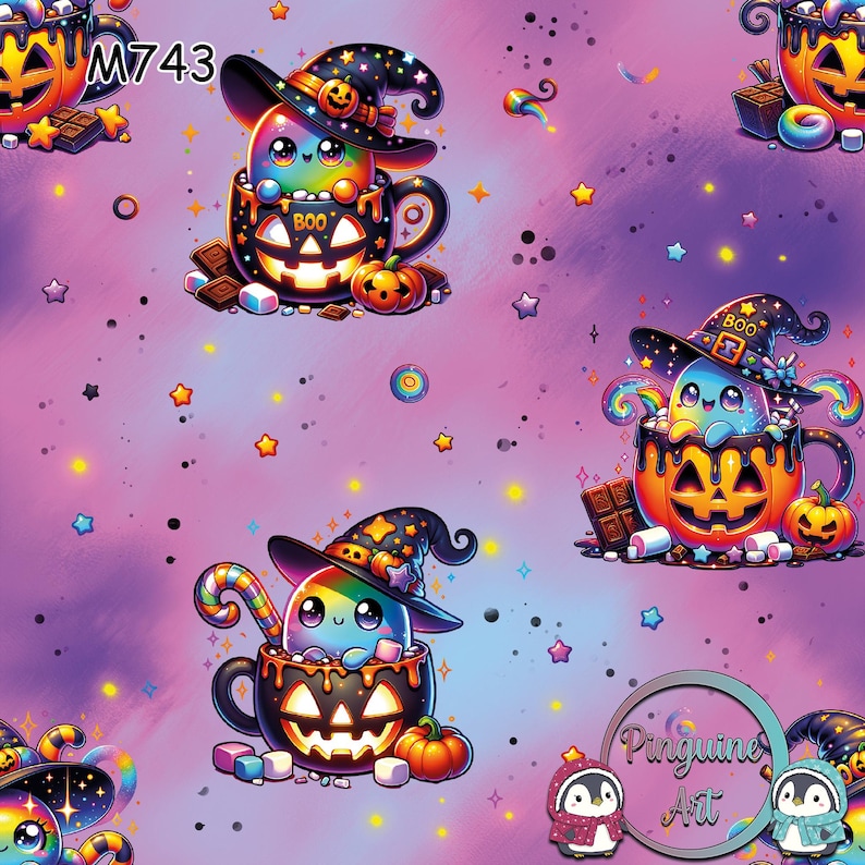 May include: A repeating pattern featuring cartoon characters in witch hats inside jack-o'-lantern mugs. The characters are rainbow-colored with the word "BOO" on the mugs. The background is a gradient of purple and pink with stars and other Halloween-themed elements.