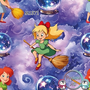 M1371 Exklusiver Kinderstoff Süßes Hexen Mädchen –niedliches Design mit Besen & Zauberkugel im Comic Stil–Meterware in 13 Stoffarten wählbar