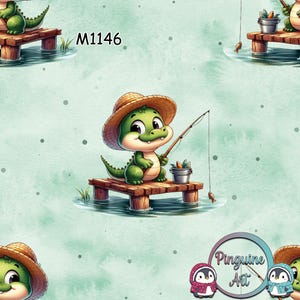 Może przedstawiać: Powtarzający się wzór z kreskówkowym aligatorem w słomkowym kapeluszu, łowiącym ryby z drewnianego pomostu. Aligator jest zielony z białym brzuchem i trzyma wędkę. Tło jest w jasnym kolorze morskim z małymi białymi kropkami. Tekst "M1146" znajduje się w lewym górnym rogu.