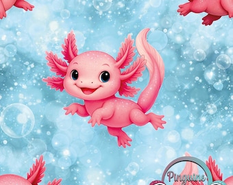 M767 Exclusieve kinderstof: schattige axolotlstof – leuk ontwerp met waterdiertjes in roze – per meter verkrijgbaar in 13 verschillende stofsoorten