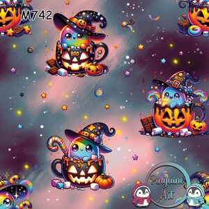 May include: A repeating pattern featuring cartoon characters in Halloween-themed mugs. The characters are colorful with witch hats, surrounded by pumpkins, stars, and candy. The background is a blend of pink, purple, and gray.