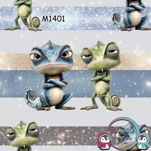 M1401 Tissu exclusif pour enfants. Tissu caméléon tendance – reptiles espiègles et pleins de caractère, fond rayé, disponible au mètre en 13 types de tissus.