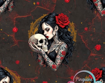 May include: Dark, gothic-themed artwork featuring a woman with long black hair, a red rose, and tattoos holding a skull. The background is a dark, textured pattern with red accents and scattered roses. The image has the text "M529" and "Pinguine Art".