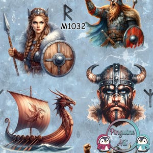 Peut inclure: Œuvre d'art numérique représentant des guerriers vikings et un drakkar à tête de dragon. L'image comprend une guerrière avec une lance et un bouclier, un Viking avec un bras levé et un Viking avec un casque à cornes. Le fond est bleu clair avec des accents blancs.