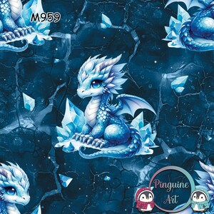 M959 Exklusiver Kinderstoff Eisdrache Stoffdesign – Blauer Baby Drache mit Kristallen Fantasy Muster – Meterware in 13 Stoffarten wählbar